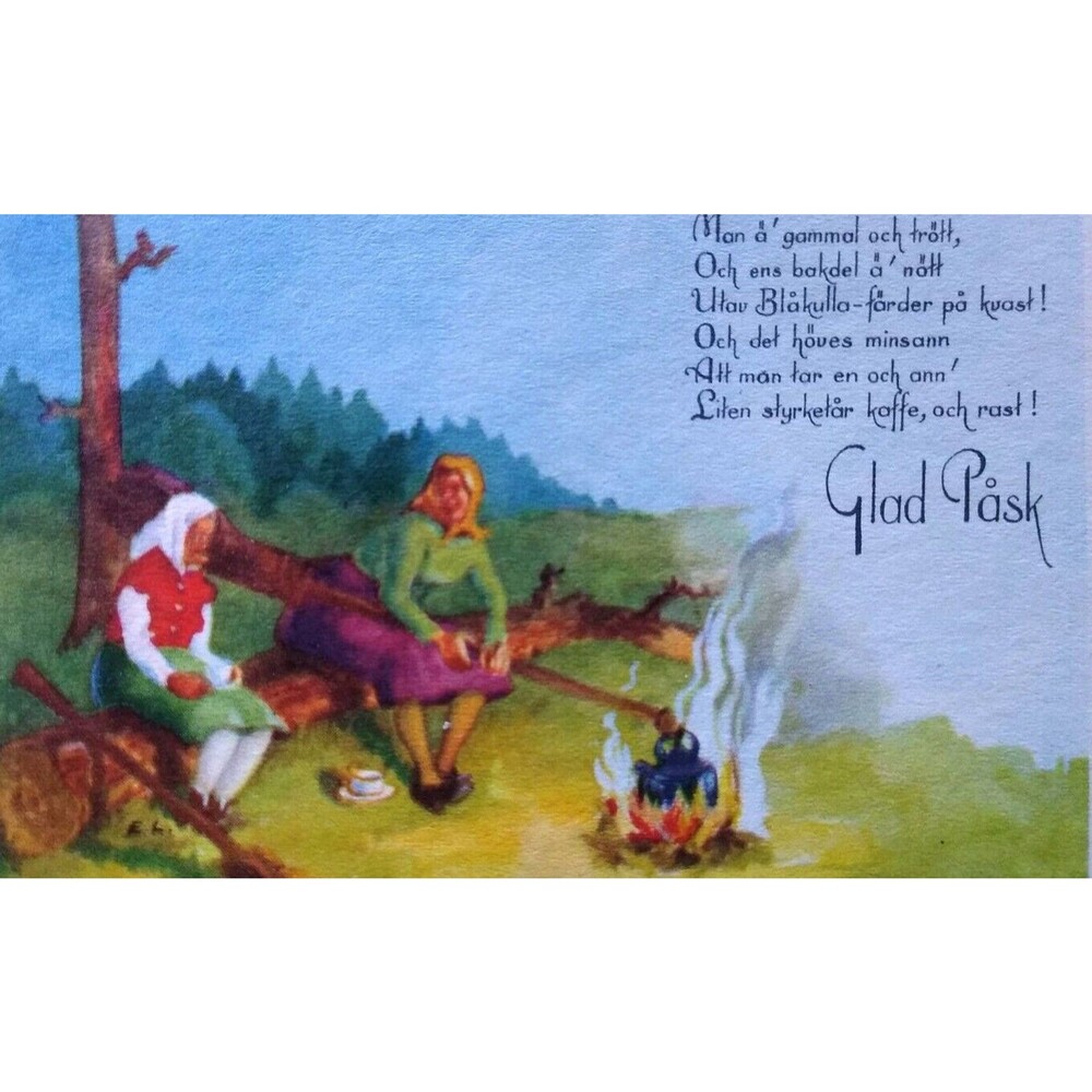 Easter Witches Postcard Fantasy Glad Pask Tea Kettle Campfire Sweden Vintage